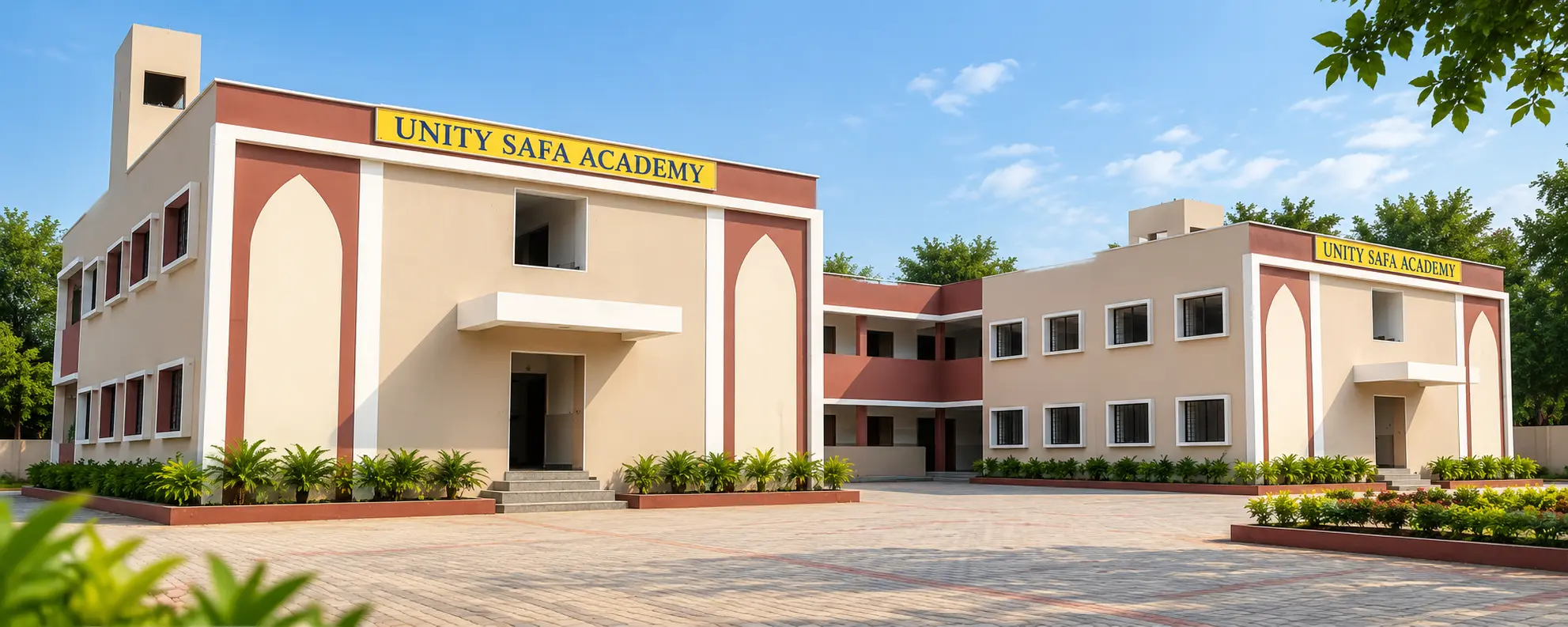Unity Safa Academy campus building — front elevation with courtyard